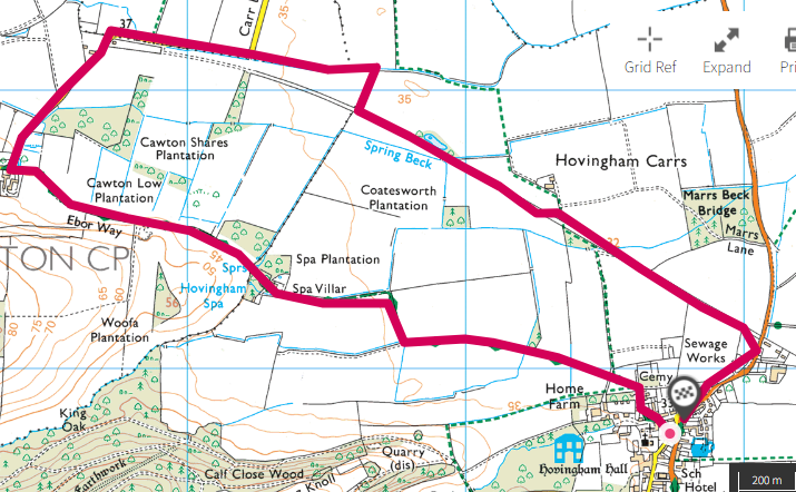 Map of walk from Hovingham to Cawton and back.
