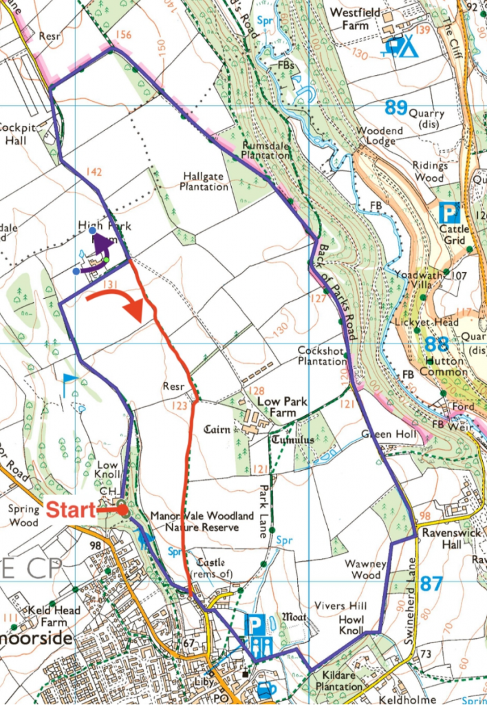Map of circular walk from Kirkbymoorside golf club heading north in a 7km loop.